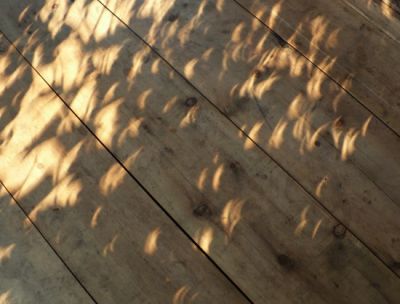 Серповидные пятна света
Эффект, получаемый при частных фазах солнечного затмения при прохождении солнечного света сквозь листву.
