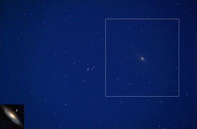 Галактика Андромеды на сумеречном небе
Прямоугольником обоозначена область, соответствующая врезке (снимок взят из общедоступных источников)
